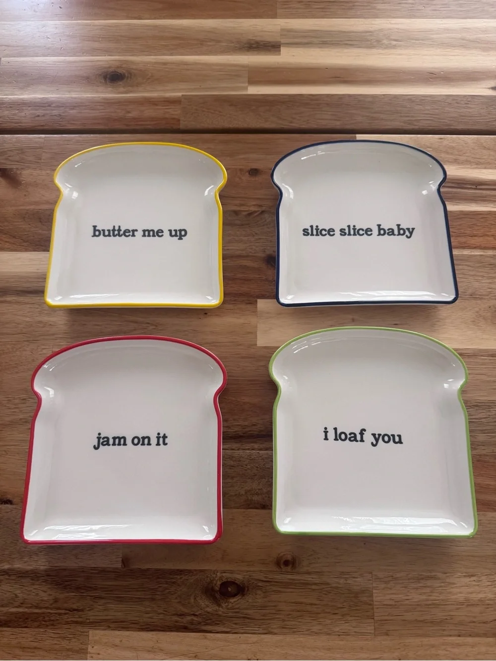 Snack Plate Toast-Shaped Ceramic dish set of 4 with Colorful Rims Fun whimsical!